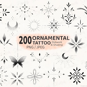 200 diseños de tatuajes ornamentales pequeños: Plantillas de tatuajes de línea fina PNG JPEG (Descarga digital)