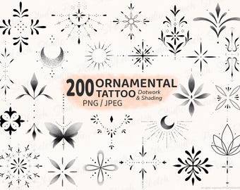 200 kleine decoratieve tattoo-ontwerpen, PNG JPEG, fijne lijn tattoo-sjablonen (digitale download)