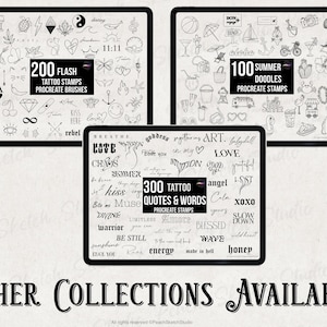 A display of other procreate brush sets available which include ‘200 Flash Tattoo Designs’, ‘300 Quotes and Words Tattoo Designs’ and ‘100 Summer Doodle Designs’. These can be found in the shop for Peach Sketch Studio.