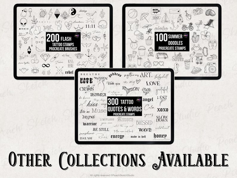 A display of other procreate brush sets available which include ‘200 Flash Tattoo Designs’, ‘300 Quotes and Words Tattoo Designs’ and ‘100 Summer Doodle Designs’. These can be found in the shop for Peach Sketch Studio.