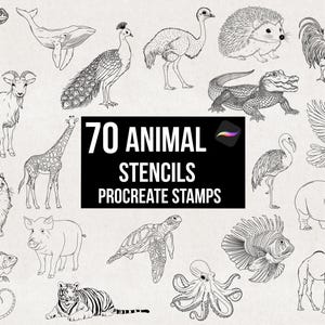 Procreate 70種類の動物スタンプブラシセット、リアルな動物ステンシルブラシパック、犬、猫、トラ、コアラのランダムな動物、手描きデジタルダウンロード
