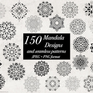 150 mandala-ontwerpen, png/jpeg-tatoeagestencilontwerpen en naadloze patronen (digitale download)