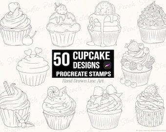 50 Cupcake Procreate Stempel, Food Line Art Designs, Dessertkuchen Procreate Pinsel (Digitaler Download)