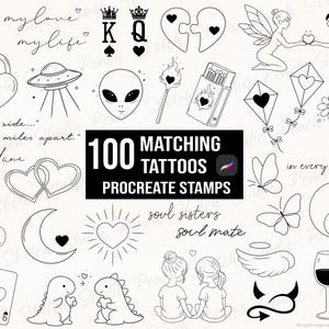 100 bijpassende tattoo-stempels voor Procreate, tattoo-ontwerpen voor stellen en vriendschappen, Procreate-penselen (digitale download)