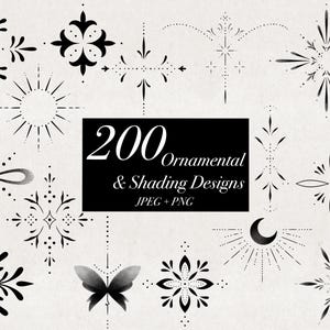 200 motifs ornementaux JPEG PNG, petites illustrations délicates de traits fins, lot de tatouage Flash, téléchargement numérique de pochoirs d'ombrage de points