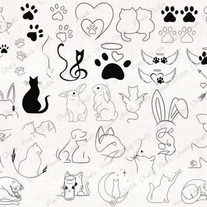 A collection designs included with black fine lines. Illustrations include simple cat line art, rabbits, paw prints, hearts, wings, and a musical note in the shape of a cat; bunny ears, cat floral design, paw prints in hearts. Perfect designs for flash tattoo stencils, clip art, stickers, decals, scrapbooking, digital journals, logos and website illustration, colouring books. These original hand drawn designs have been popular as patchwork tattoo flash sheets due to the fine line details.