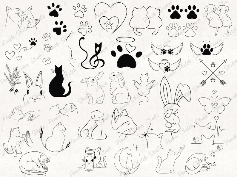 A collection designs included with black fine lines. Illustrations include simple cat line art, rabbits, paw prints, hearts, wings, and a musical note in the shape of a cat; bunny ears, cat floral design, paw prints in hearts. Perfect designs for flash tattoo stencils, clip art, stickers, decals, scrapbooking, digital journals, logos and website illustration, colouring books. These original hand drawn designs have been popular as patchwork tattoo flash sheets due to the fine line details.