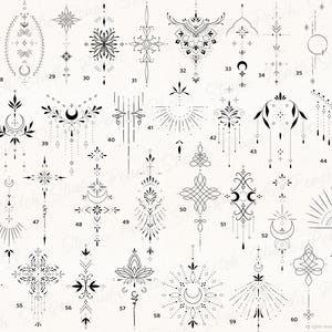 Continuation of more designs included shown across the image. Some designs shaped for sternum tattoos and others longer for spine tattoos. Designs 27-61.