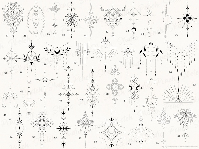 Continuation of more designs included shown across the image. Some designs shaped for sternum tattoos and others longer for spine tattoos. Designs 27-61.