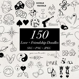 150 liefde vriendschap doodle flash tattoo SVG png jpeg ontwerpen, doodle illustraties, liefde hart, hoge kwaliteit gesneden bestanden digitale download