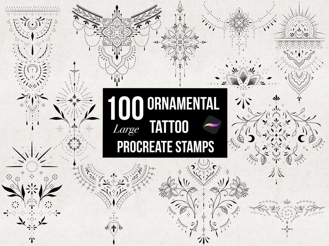 100 Procreate Ornamental Tattoo Stamps, Large Fine Line Designs ...