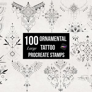 100 Procreate Ornamental Tattoo Stamps, Large Fine Line Designs Delicate Ornament Brush Set Bundle, Flash Tattoo Detailed Stencils, Digital