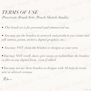 Terms of use page for Procreate brush sets by Peach Sketch Studio, outlining personal and commercial use and file restrictions.