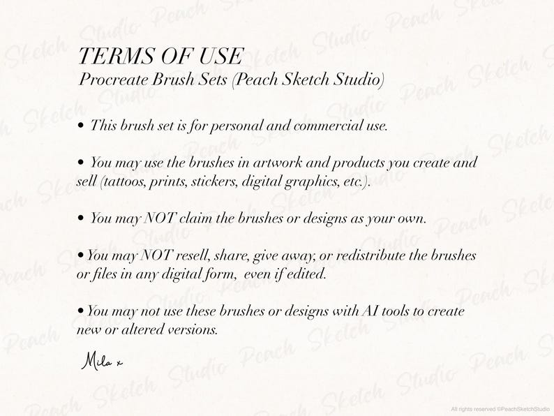 Terms of use page for Procreate brush sets by Peach Sketch Studio, outlining personal and commercial use and file restrictions.