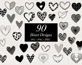 90 Love Heart Bundle SVG, PNG, JPEG Clip Art, Hand-drawn, Cricut, Patterned Hearts Silhouette, Valentines Commercial Use Digital Download