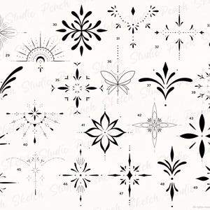 Overview image of the ornamental tattoo designs included from 28 to 49. Each design has black fine lines with delicate details. Hand drawn tattoo stencil procreate stamps.