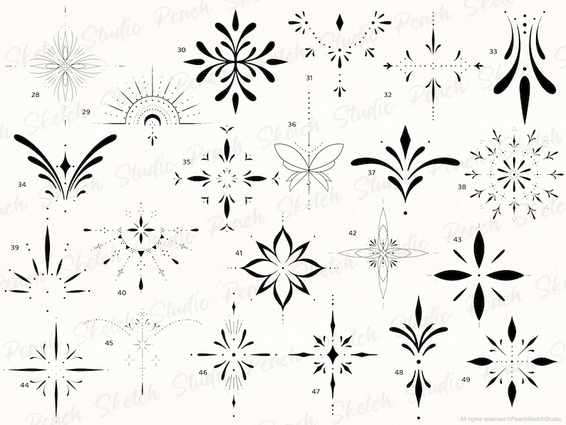 Overview image of the ornamental tattoo designs included from 28 to 49. Each design has black fine lines with delicate details. Hand drawn tattoo stencil procreate stamps.