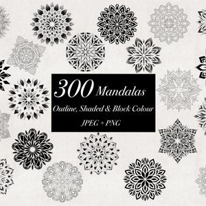 300 file di immagini JPEG PNG di Mandala Designs, Clipart di Mandala disegnati a mano di alta qualità, Tatuaggio Mandala ombreggiato, 100 design da scaricare digitalmente