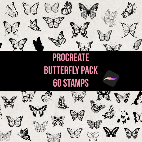 Procreate 60 Butterfly Stamp Brushes, Tattoo Stencil Brush Pack, Detailed Butterflies Brush Set, Commercial Use, Hand-drawn Digital Download