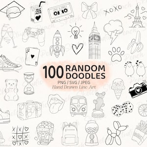 100 Random Doodle Clipart, SVG PNG JPEG, Hand Drawn Line Art (Digital Download)