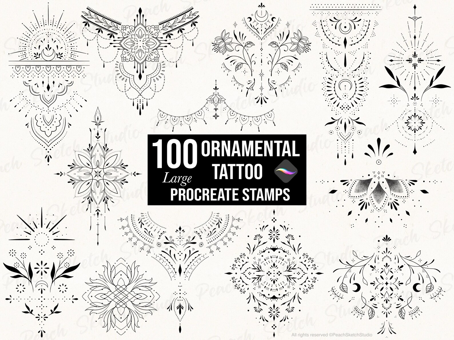 100 Procreate Ornamental Tattoo Stamps, Large Ornate Designs, Fine Line ...