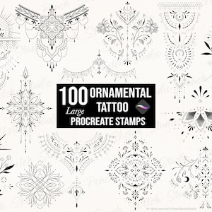 100 Carimbos Ornamentais para Tatuagem no Procreate, Desenhos Ornamentados Grandes, Pincéis de Estêncil para Tatuagem com Linhas Finas (Download Digital)