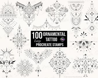 100 Procreate Ornamental Tattoo Stamps, Large Ornate Designs, Fine Line Tattoo Stencil Procreate Brushes (Digital Download)