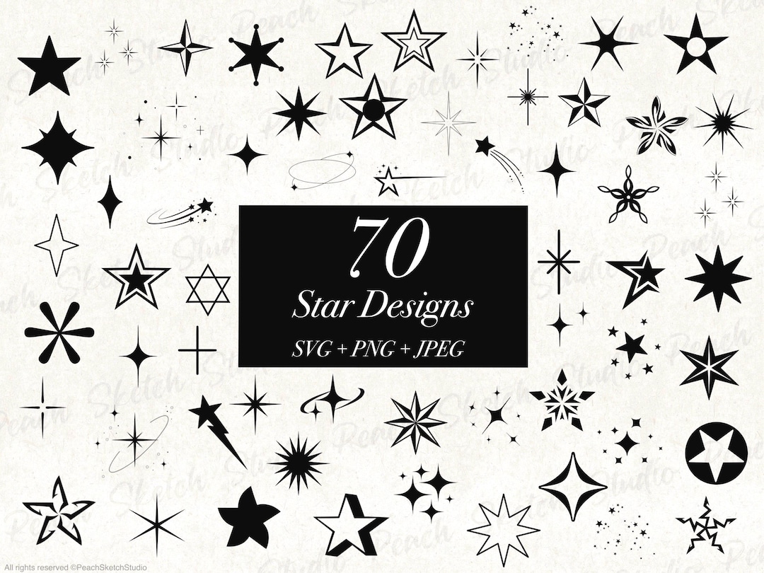 Large Stardesign 70 Star Designs: PNG SVG JPEG, Hand Drawn Celestial Clipart (digital ...