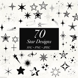 70 Star Designs: PNG SVG JPEG, Hand Drawn Celestial Clipart (Digital Download)