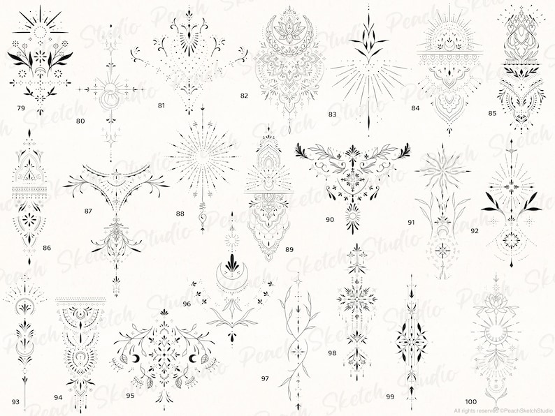 100 Ornamental Tattoo Designs: PNG JPEG, Delicate Fine Line Tattoo ...