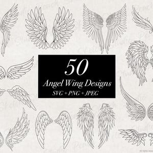 Puede incluir: Una colección de 50 diseños de alas de ángel en arte lineal en blanco y negro. La imagen incluye una variedad de formas y tamaños de alas, con el texto "50 Angel Wing Designs SVG + PNG + JPEG" en el centro.