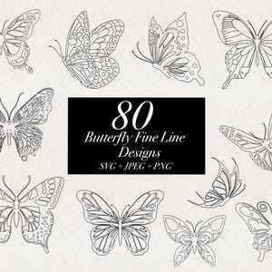 80 Schmetterling feine Linie Designs SVG PNG JPEG Illustrationen, Schmetterling Vorlage Schnittdateien Schablone, Schmetterling Umriss Digital Download