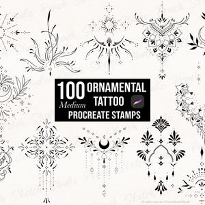 100 dekorative Tattoo-Designs für Procreate: Stempel, feine Tattoo-Schablonen, Procreate-Pinsel (Digitaler Download)