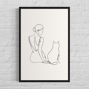 Frau sitzt mit Katze Line Art Print, Haustier Cat Line Wandkunst Poster, Katzenliebhaber, Katze minimalistisches Poster, druckbar, digitaler Download