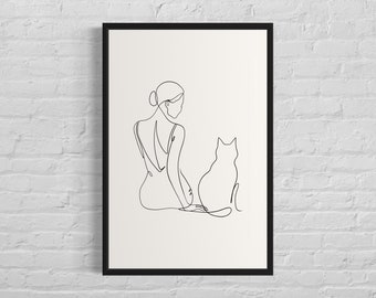 Frau sitzt mit Katze Linie Kunstdruck, Haustier Katze Linie Wand Kunst Poster, Katzenliebhaber, Katze Minimalistisches Poster, bedruckbar, digitaler Download