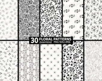 30 Floral Patterns SVG PNG JPEG, Seamless Flower Botanical Designs Digital Paper (Digital Download)