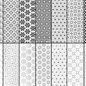Pode incluir: Um conjunto de 20 padr&otilde;es geom&eacute;tricos em preto e branco. Os padr&otilde;es s&atilde;o organizados em duas filas de dez. Cada padr&atilde;o &eacute; um design diferente, incluindo quadrados, c&iacute;rculos e tri&acirc;ngulos.