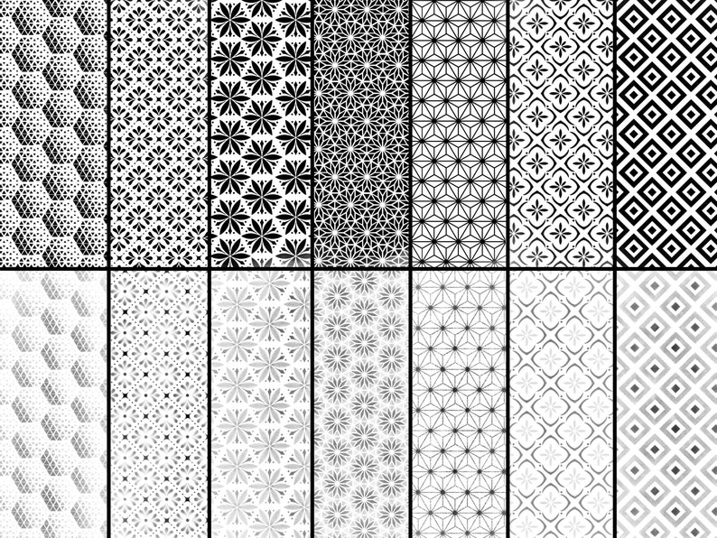 Pode incluir: Um conjunto de 20 padr&otilde;es geom&eacute;tricos em preto e branco. Os padr&otilde;es s&atilde;o organizados em duas filas de dez. Cada padr&atilde;o &eacute; um design diferente, incluindo quadrados, c&iacute;rculos e tri&acirc;ngulos.