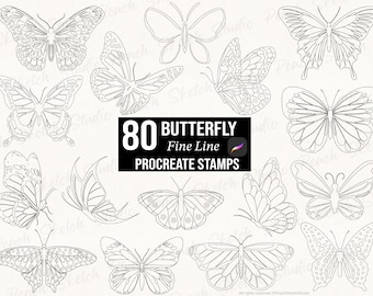80 Fine Line Butterfly Procreate Stamps, Tattoo Designs, Line Art Stencils (Digital Download)