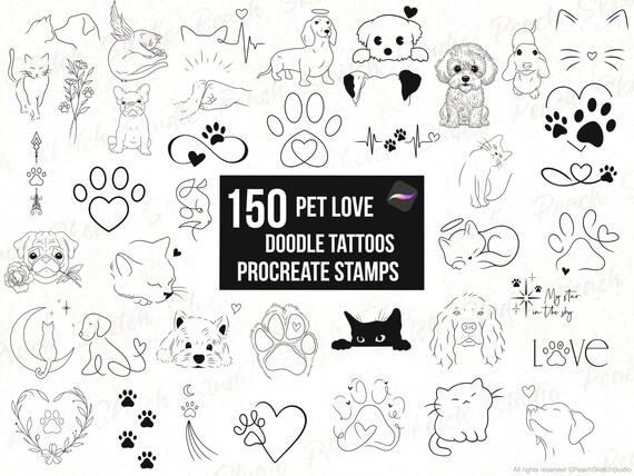 150 Animal Doodles Procreate Stamps, Pet Love Dog Flash Tattoo Stencil Brushes (Digital Download)