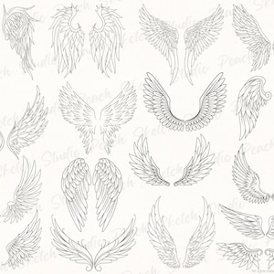 Display of some more angel wing designs included in JPEG, PNG and SVG format. Each one is hand drawn with black fine lines with delicate details. The line drawings shown are mixed positions of the wings and styles.