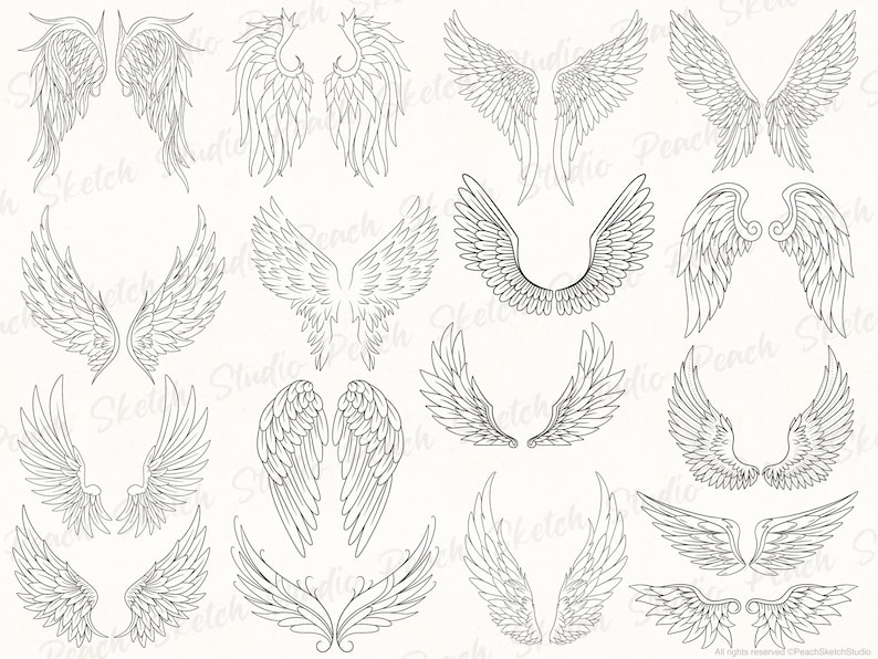 Display of some more angel wing designs included in JPEG, PNG and SVG format. Each one is hand drawn with black fine lines with delicate details. The line drawings shown are mixed positions of the wings and styles.