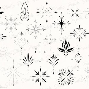 Overview image of the ornamental tattoo designs included from 50 to 74. Each design has black fine lines with delicate details. Hand drawn tattoo stencil procreate stamps.