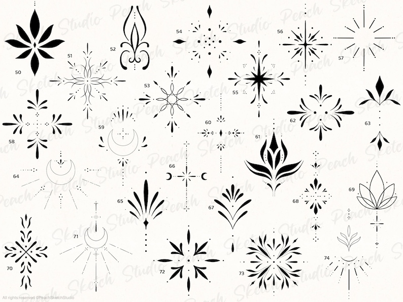 Overview image of the ornamental tattoo designs included from 50 to 74. Each design has black fine lines with delicate details. Hand drawn tattoo stencil procreate stamps.