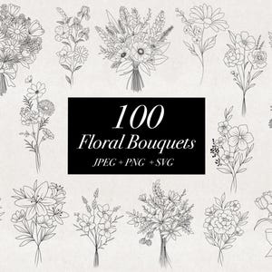 100枚のフラワーブーケのイラスト SVG PNG JPEG、細線の花の画像ファイル ボタニカルフラワーステンシル 高品質カットファイル デジタルダウンロード