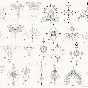 Selection of the ornamental tattoo designs in this set are shown across the whole image which include floral, celestial and delicate elements. Designs 1-26
