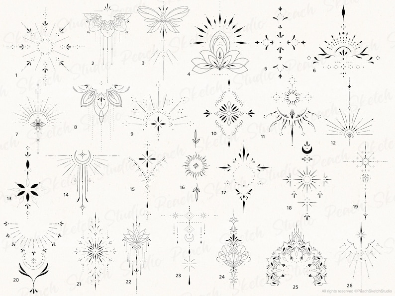 Selection of the ornamental tattoo designs in this set are shown across the whole image which include floral, celestial and delicate elements. Designs 1-26