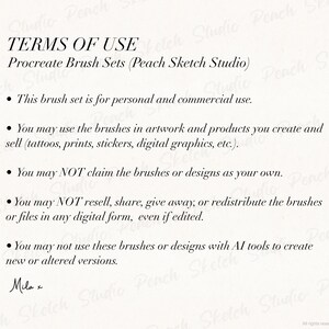 Terms of use page for Procreate brush sets by Peach Sketch Studio, outlining personal and commercial use and file restrictions.