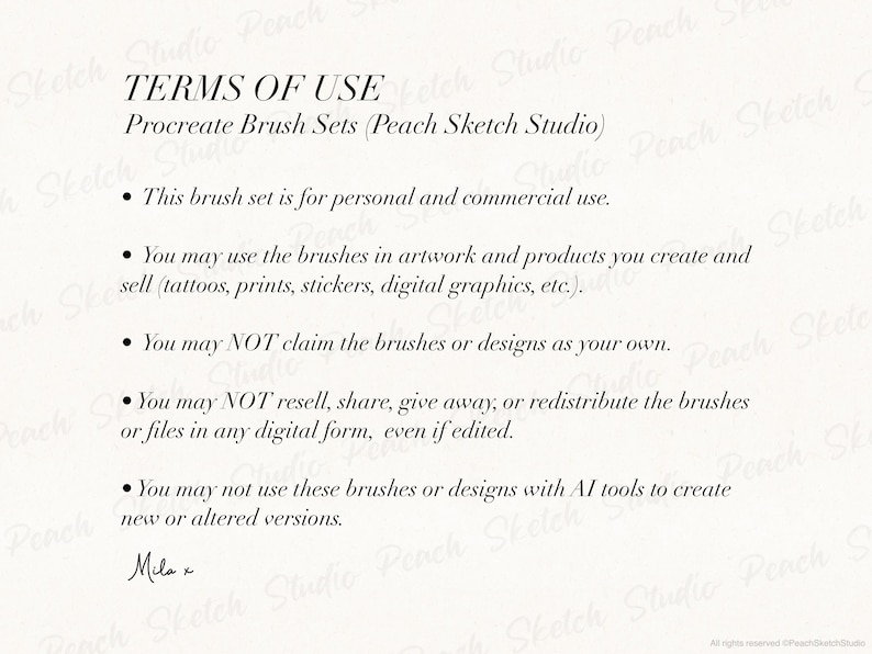 Terms of use page for Procreate brush sets by Peach Sketch Studio, outlining personal and commercial use and file restrictions.