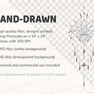 Information relating to the files you will receive. Hand drawn and high quality designs. Created on a 10’ by 10’ canvas with 300 dpi. PNG’s have a transparent background and an example is shown on the left of the image. JPEG files have a white background. This is a digital download, no physical item will be shipped.